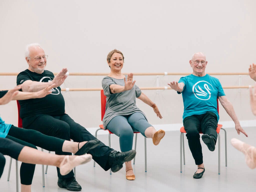 senior students taking an RAD seated Swans class